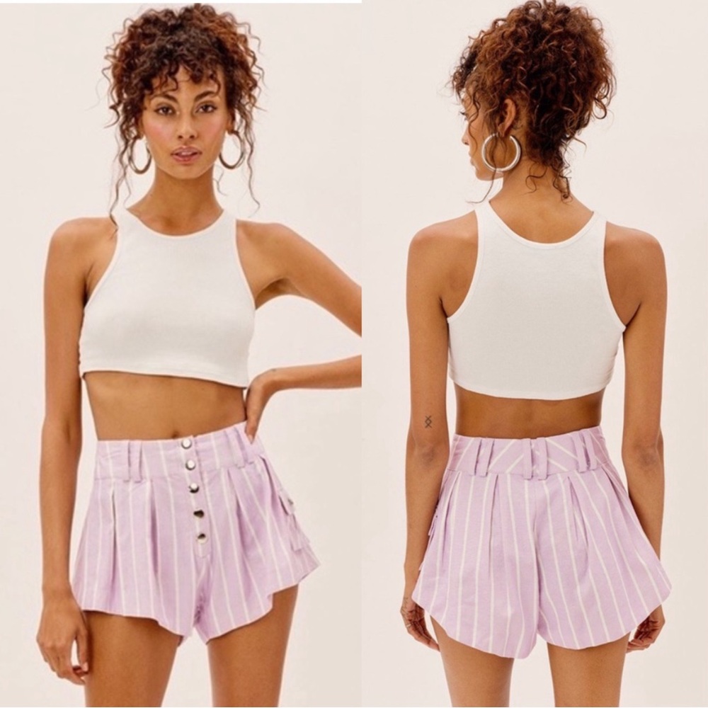FOR LOVE & LEMONS Women’s‎ Size M Purple Striped Linen Blend Gia Swing Shorts